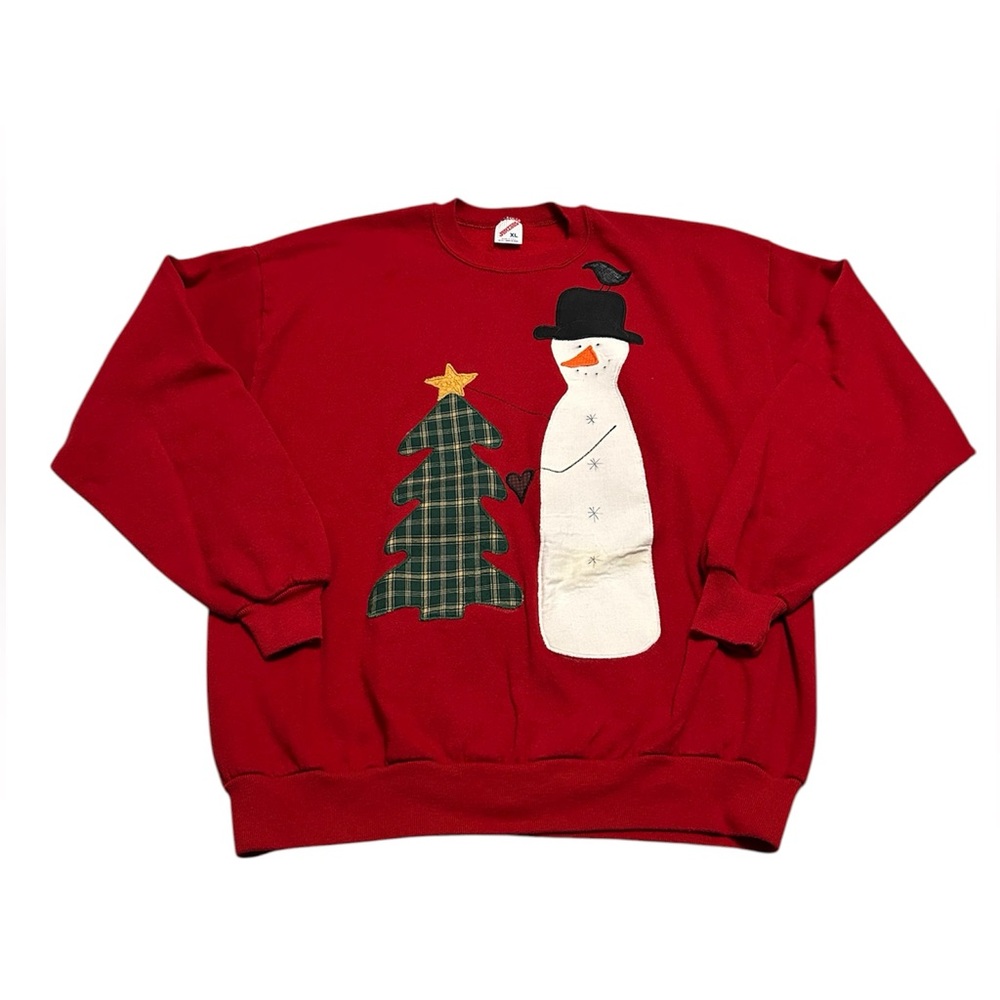 Vintage 90s Women’s XL Snowman Christmas Tree Embroidered Patchwork Sweater